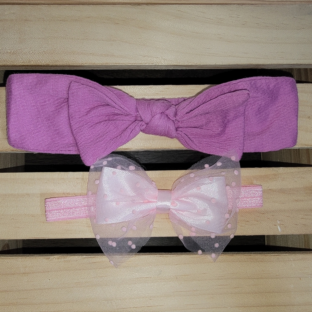 Baby Girl Headbands Set of 2 – Pink Polka Dot & Purple Bow – One Size